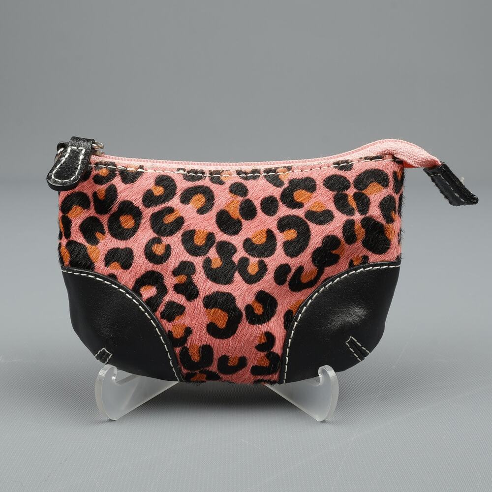 Wilsons Leather Maxima Small Calf Hair Zippered Coin Pouch Bag Leopard Pink Y2K